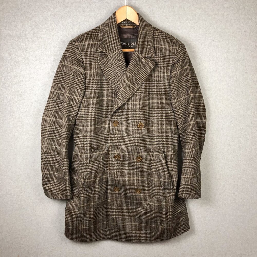 Schneiders Salzburg Austria Brown Plaid Wool Overcoat Size 40